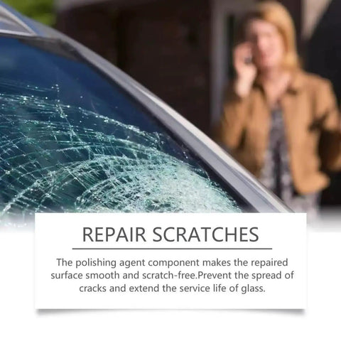 Close-up of cracked windshield with repair text, DIY Windshield Repair Kit For Chips And Minor Cracks With Liquid Glass Resin And Glue Upgraded