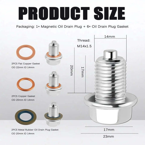 Sick And Tired Of Drips? Grab This M14x1.5 Magnetic Oil Drain Plug Kit With Hex Head, Plus Six Top Gaskets For A Clean Leak Proof Stop To Your Car Problems Right Now. M14x1.5 magnetic oil drain plug with six copper and rubber gaskets