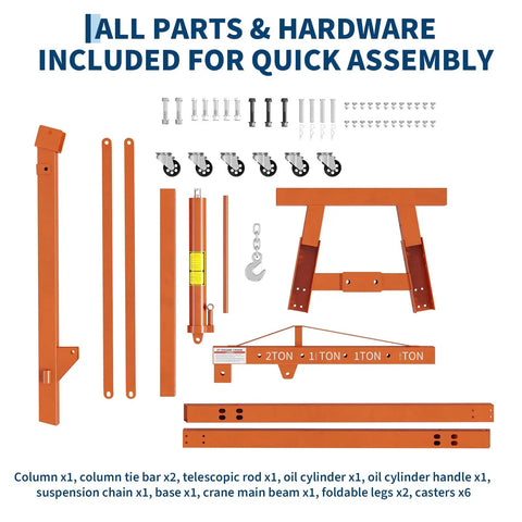 Heavy Duty Two Ton Folding Engine Hoist Plus Three Quarter Ton Underhoist Stand Combo parts layout for assembly and tools included.