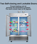 Heavy Duty Commercial Upright Freezer Forty Seven Cubic Feet with Self Closing Doors, showcasing interior food storage and LED display.