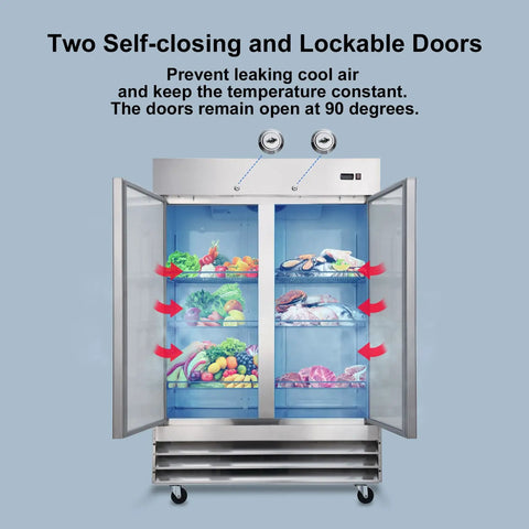 Heavy Duty Commercial Upright Freezer Forty Seven Cubic Feet with Self Closing Doors, showcasing interior food storage and LED display.
