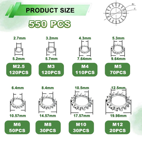 Garage Built 550 Piece External Tooth Lock Washer Assortment Kit Metric M2.5 To M12 Sizes showing size details and counts.