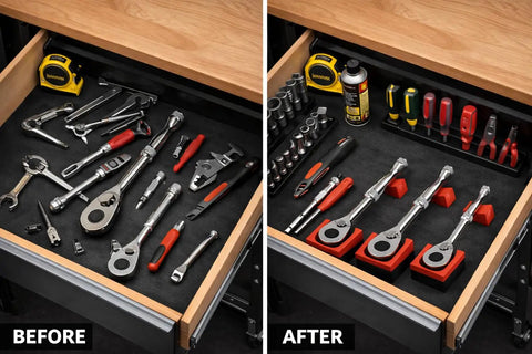 Comparison of a tool drawer before and after using Built Tough Magnetic Ratchet Organizer Set, 3-Piece, Holds 1/4, 3/8, 1/2 Inch Ratchets