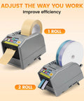 Automatic Tape Dispenser And Ribbon Cutting Machine Offering No Sweat Quick Precision Trimming Portability For Shipping Packing Schools And Retail Stores with two rolls visible.