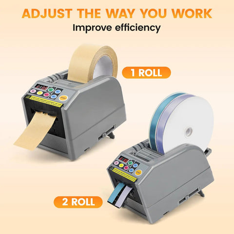 Automatic Tape Dispenser And Ribbon Cutting Machine Offering No Sweat Quick Precision Trimming Portability For Shipping Packing Schools And Retail Stores with two rolls visible.
