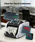 VEVOR High Speed Money Counter Machine For Dollars And Euros 1200 Bills Per Min Mixed Denomination Cash Register Detector With UV Mg Ir Dbl Hlf Chinese Currency Screening Tft Display Secure Banking Tool showing 3.5 inch TFT screen and cash display