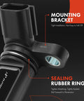 Close-up of left camshaft position sensor with mounting bracket and sealing rubber ring for Nissan Infiniti 3.5L V6 vehicles.