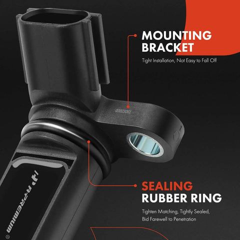 Close-up of left camshaft position sensor with mounting bracket and sealing rubber ring for Nissan Infiniti 3.5L V6 vehicles.