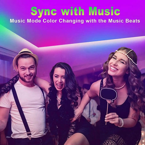Group enjoying party vibe with Ultra Long RGB LED Strip Lights 130ft Two Rolls Of 65ft Each With App Control Music Sync And Color Changing Modes