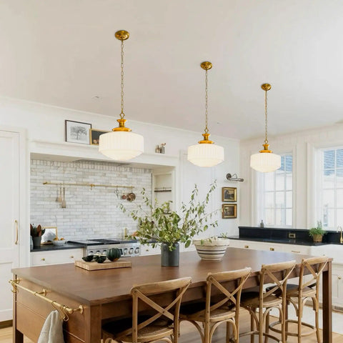 Vintage Brass Pendant Lamp With White Pleated Milk Glass Ceiling Fixture For Kitchen Island Hallway Bedroom Decor Antique Drum Chandelier, hanging above wooden kitchen island with floral arrangement.