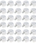 White Furniture Shelf Support Pegs Cam Lock Fasteners With Cabinet Connectors For Hidden Shelf Brackets and Wardrobe Panel Assembly 30 Piece Set, close-up view of white fasteners with metal screws.