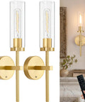 Set Of Two Rechargeable Battery Operated Wall Sconces Featuring Gold Glass Shades, featuring brushed brass housing and glass shades.