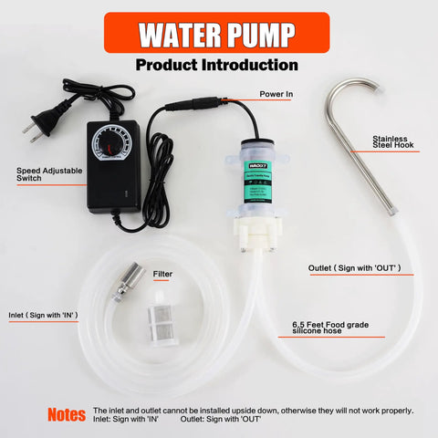 Top Notch Food Grade Self Priming Diaphragm Water Pump with 6.5FT food grade hose and adjustable speed control.