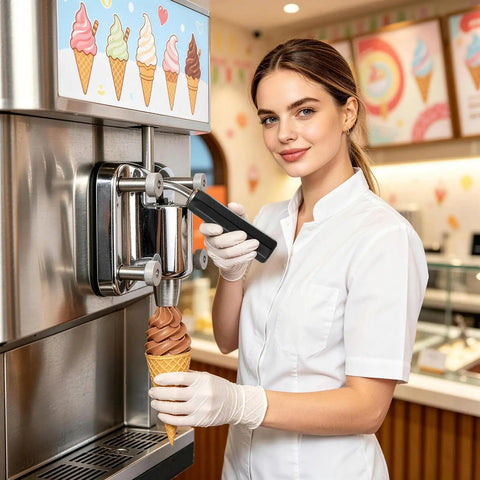 Woman using adjustable ice cream machine valve handle replacement part built tough from plastic and metal lever