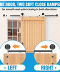 Soft Close Barn Door Mechanism Set With Hole Free No Drill Installation For Doors Up To 132 Lbs Includes Spring Buffer Damper And Adjustable Stoppers 2 Pack With S Hook Mounting And Hex Wrench For Smooth Quiet Sliding Door Hardware installed above a wooden sliding door