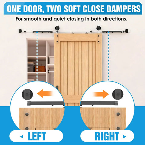 Soft Close Barn Door Mechanism Set With Hole Free No Drill Installation For Doors Up To 132 Lbs Includes Spring Buffer Damper And Adjustable Stoppers 2 Pack With S Hook Mounting And Hex Wrench For Smooth Quiet Sliding Door Hardware installed above a wooden sliding door