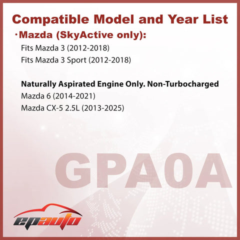 Compatibility chart for Mazda Engine Air Filter Replacement, listing models Mazda 3, Mazda 6, and Mazda CX-5 SkyActiv engines.