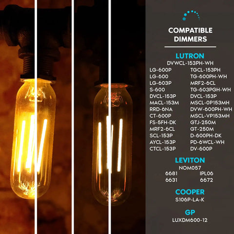 Vintage T9 LED Tube Bulb That Replaces 60W, 5W Draw, Dimmable Warm White 2700K, 550 Lumens Edison Style lit with dimmers
