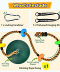 Kids Tree Swing Set With 330Lb Capacity Rope Swing With Platforms And Disc Seat Outdoor Backyard Playground Accessories Includes Carabiners And Thickened Straps For Safe Fun Climbing And Swinging displayed components: carabiner, hanging strap, disc seat.