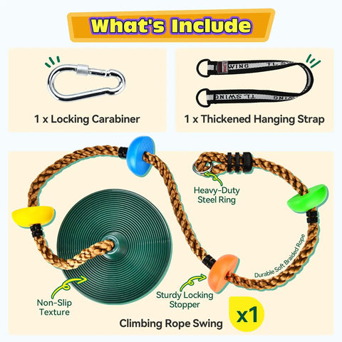 Kids Tree Swing Set With 330Lb Capacity Rope Swing With Platforms And Disc Seat Outdoor Backyard Playground Accessories Includes Carabiners And Thickened Straps For Safe Fun Climbing And Swinging displayed components: carabiner, hanging strap, disc seat.