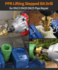 Four In One PVC Pipe Threader And Reaming Tool Set in use with drill for half inch, three quarter, and one inch plastic pipes