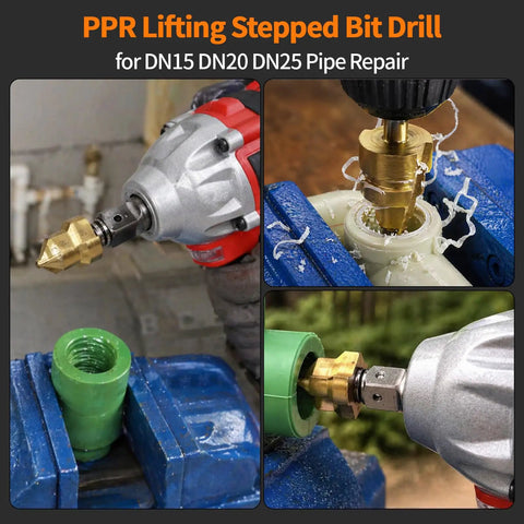 Four In One PVC Pipe Threader And Reaming Tool Set in use with drill for half inch, three quarter, and one inch plastic pipes