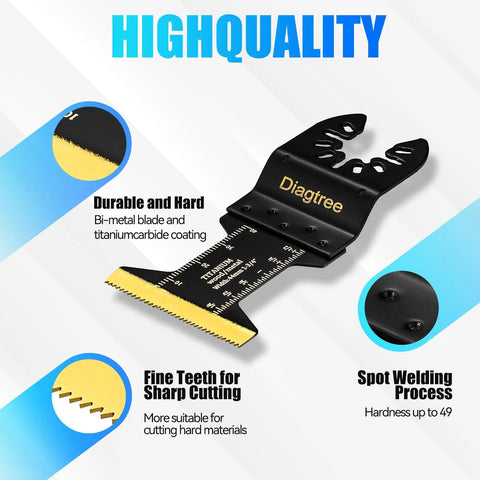 Diagtree titanium oscillating multitool blade, front view with ruler-scale markings and gold teeth.