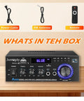 Beefy 800W 2 Channel Bluetooth 5.0 Power Amplifier System With FM Radio USB SD Card Remote displayed on a shelf with accessories