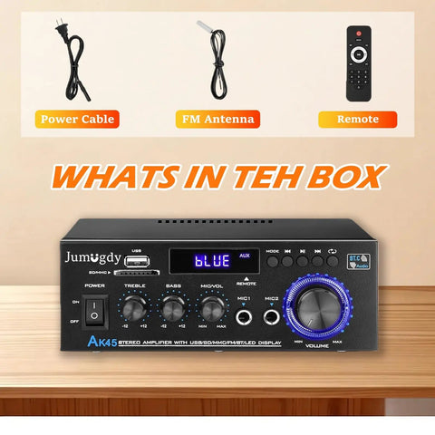 Beefy 800W 2 Channel Bluetooth 5.0 Power Amplifier System With FM Radio USB SD Card Remote displayed on a shelf with accessories