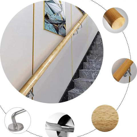 Hardcore Wood Stair Handrail Wall Mounted Banister No Sweat Setup Heavy Duty Safety Railing Featuring Rounded Corners And Top Shelf Braces For Reliable Daily Use on stairs with steel mounts.