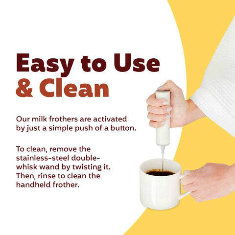 USB Rechargeable Electric Milk Frother Handheld Wand With Dual Speed Stainless Steel Whisk in use over coffee cup