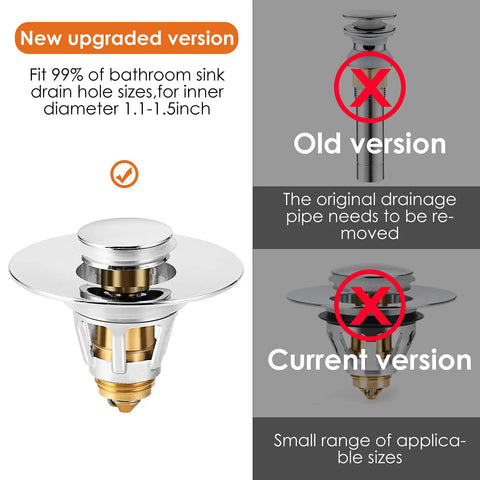 Universal Bathroom Sink Stopper And Drain Strainer No Fuss Pop Up Plug With Stainless Steel Hair Catcher For 1.1 To 1.5 Inch Drains