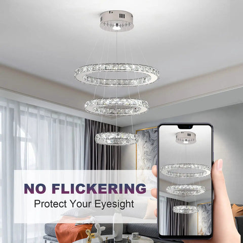Three Ring Crystal Chandelier With Adjustable Stainless Steel Led Ceiling Fixture, K9 Crystals, 6000K Cool White Light For Living Room, Dining Room, Kitchen, Bedroom, Foyer, Modern, Built To Last, Bright