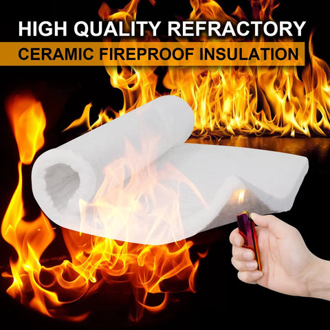 Front view: white ceramic fiber insulation blanket, 24 x 15.7 x 1 in, rolled and held near flames
