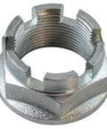 Close-up of a metal axle nut from the Front Drivetrain Kit With Two CV Axle Shafts Inner Seals Wheel Bearings Hubs And Seals For 2001 2007 Toyota Sequoia And 2000 2006 Tundra Beefed Up OEM Grade Replacement Assembly.