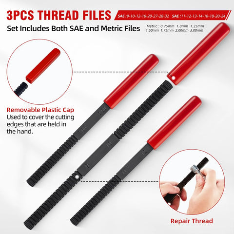 AKM 61Pcs Thread Restorer Kit with three red-handled thread files for UNC/UNF and metric threads.