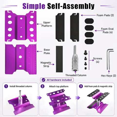 Assembly guide for Aluminum RC Repair Stand for Ten Scale Cars With 360 Degree Rotation and Adjustable Height From Ninety to One Hundred Thirty Three Millimeters