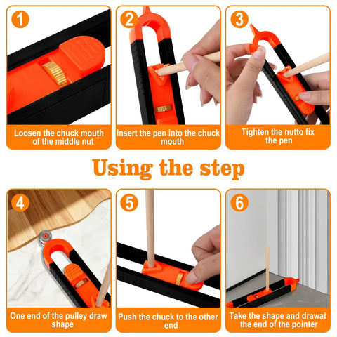 Heavy Duty Contour Scribe Tool With Adjustable Roller Tracks showing step-by-step usage for precision marking and shaping.