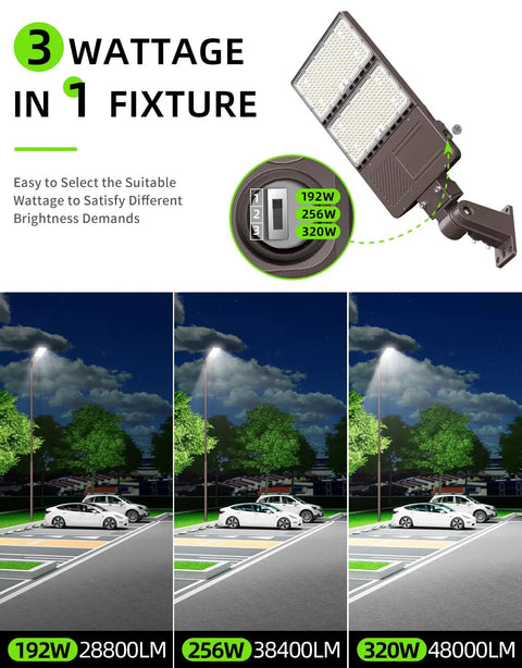 240W LED Parking Lot Light With Photocell, adjustable wattages 192W to 320W, shoebox flood light for parking lots at night