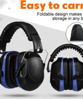 Triple Pack Noise Reduction Ear Muffs With NRR 28 dB Hearing Protection for shooting and construction, black with blue trim.