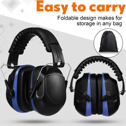 Triple Pack Noise Reduction Ear Muffs With NRR 28 dB Hearing Protection for shooting and construction, black with blue trim.
