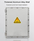 Front view of aluminum outdoor electrical box with hazard label; IP66 waterproof, explosion-proof enclosure.