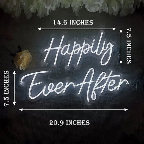 Two Piece LED Neon Light Sign Set Happily Ever After, Dual Panels 14.6x7.5 and 20.9x7.5 Inch with floral decor