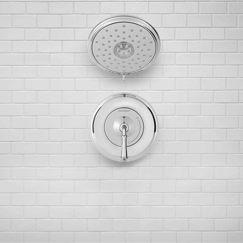 Delancey Shower Trim Kit with Pressure Balance Cartridge polished chrome finish shown against white tile wall
