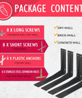 Package contents for 14 Inch Black Shelf Bracket Set, Heavy Duty Corner Braces That Support 440 Lbs, including screws and anchors