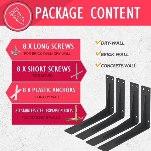 Package contents for 14 Inch Black Shelf Bracket Set, Heavy Duty Corner Braces That Support 440 Lbs, including screws and anchors