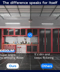 Comparison of Ten Pack 4ft Linkable LED Shop Light Fixture 4400 Lumens, 42W, 5000K Daylight White with a dimly lit garage setup