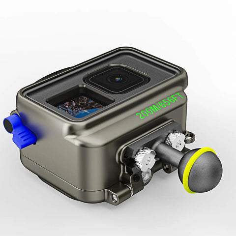 Underwater Action Camera Housing For GoPro Hero 9 10 11 12 13, aluminum enclosure, waterproof up to 200 meters, dive controls visible