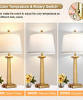 Gold 29 Inch Table Lamps Set of 2 for Living Room, showing 3-color temperatures 2700K, 4000K, 5000K, with rotary switch.
