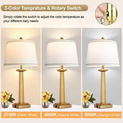 Gold 29 Inch Table Lamps Set of 2 for Living Room, showing 3-color temperatures 2700K, 4000K, 5000K, with rotary switch.
